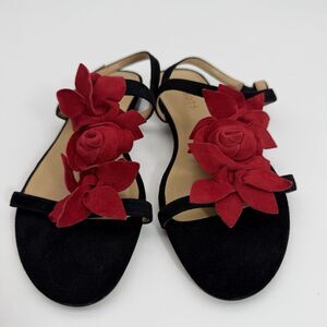 Vintage Talbots Size 7 Black Red Floral Suede Sandals Flat Summer Prom Shoes NIB